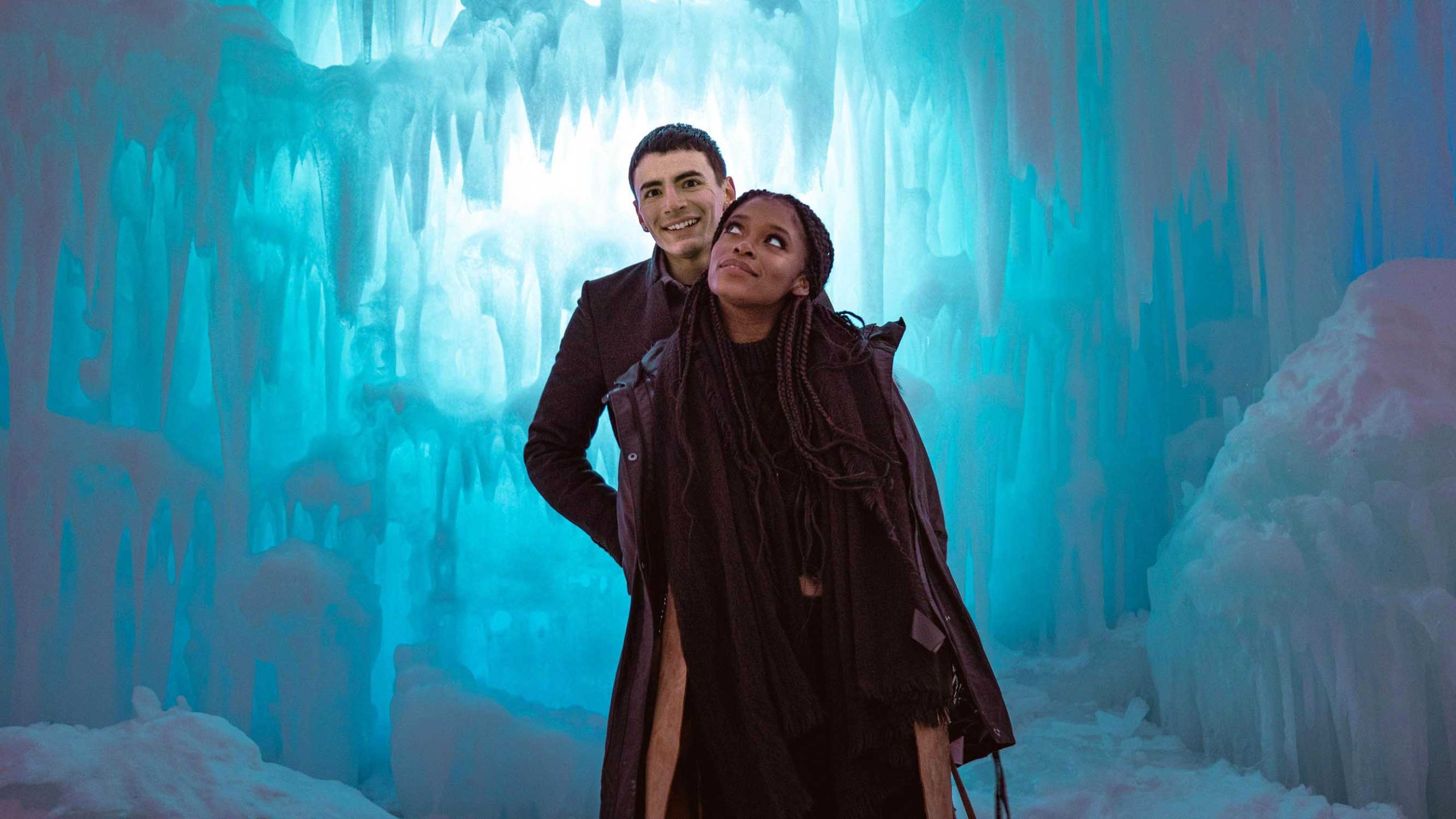 Romantic photo of a couple in the Ice Castles, NH