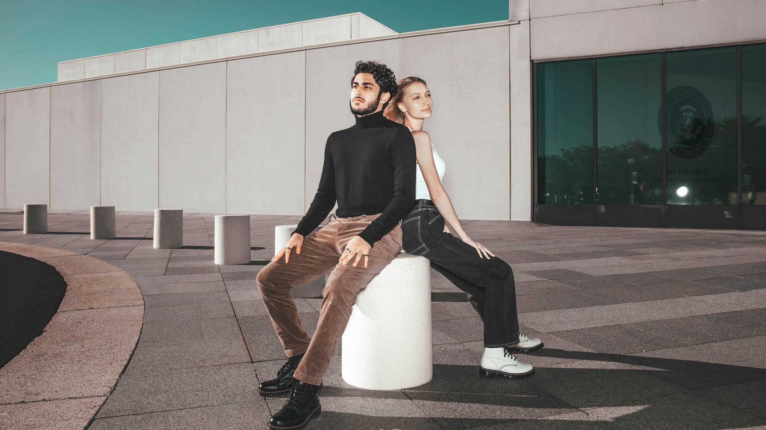 Couple posing near JFK Library